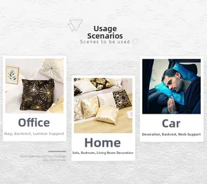 Detail of black and white plush pillows with golden leaf patterns for sofa and car decor