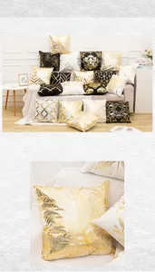 Detailed texture of black short plush decorative pillow with modern gold foil patterns