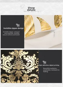 Detail of invisible zipper on gold foil printed plush cushion cover with feather patterns