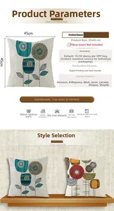 Detail of 45x45cm polyester cushion cover with floral print and washing instructions