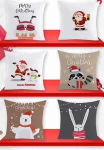 Detailed set of six Christmas themed peach skin pillow covers featuring cartoon illustrations