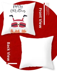 Front and back detail of a square Christmas pillowcase with Santa Claus and Merry Christmas text