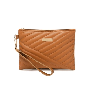 Brown quilted faux leather envelope clutch bag with gold plaque and wristlet strap