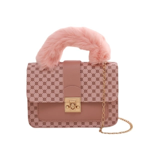 Pink faux leather handbag with floral print, faux fur handle and gold chain strap