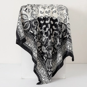 90cm black and white paisley satin silk scarf featuring elegant mandala pattern