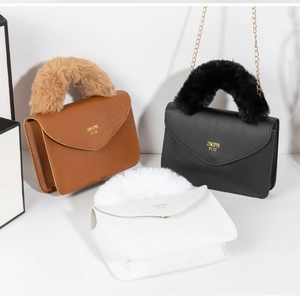 Chic small square handbags with faux fur handles and gold chain in black, brown, and white