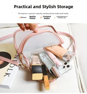 Borsa a tracolla rosa a semicerchio con finestra in PVC per trucco e smartphone
