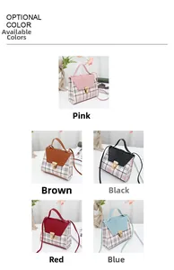 Detailed grid view of plaid crossbody bags in pink, brown, black, red, and blue colors