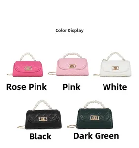 Quilted mini bags with pearl handles and gold chain straps in five available colors