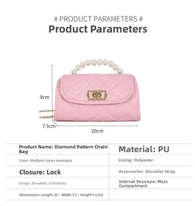 Pink quilted bag with pearl handle and metal lock detail showing exact size dimensions