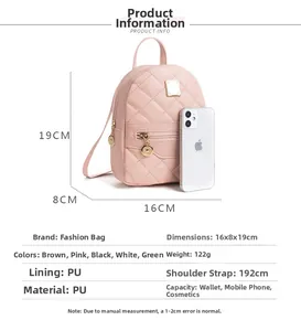 Größentabelle für den rosa gesteppten Mini-Rucksack mit Maßen von 16x8x19 cm