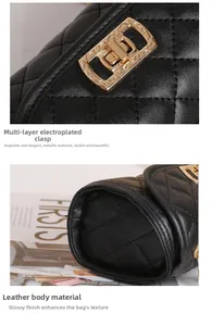Detail of multi-layered plated lock and quilted stitching on black leather handbag