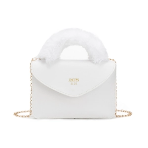 White faux leather chain square bag with soft plush handle and gold metal details