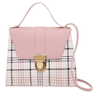 Pink faux leather and beige plaid pattern mini crossbody bag with gold lock buckle