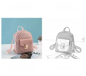 Detail view of pink mini backpack with vintage monogram pattern and metal buckle