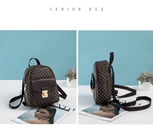 Detail view of retro mini backpack featuring brown checkered pattern and gold metal buckle