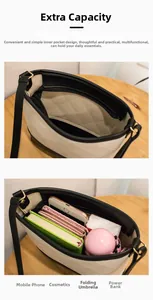 Vue intérieure d'un grand sac bandoulière beige montrant le stockage des essentiels