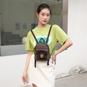 Mini checkerboard pattern leather backpack for women with golden metal lock and brown straps