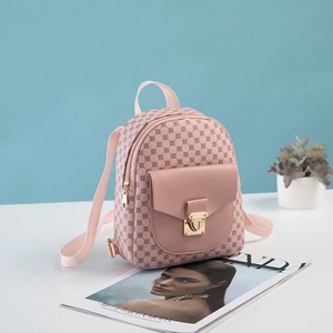 Mini pink PU backpack with geometric print, gold metal lock and front flap pocket