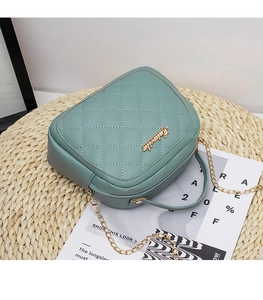 Close-up of quilted Morandi green crossbody bag with gold logo on a woven background