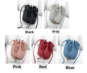 Litchi pattern bucket bags in multiple colors featuring elegant drawstring closure details