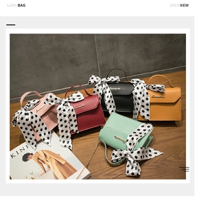 Group view of stylish PU leather crossbody bags with polka dot silk scarves and chain straps