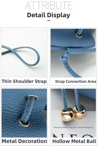 Detailed view of blue litchi leather bucket bag with gold ball hardware and drawstring strap