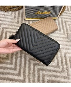 Detailed V-quilted women long wallet with golden zipper and fuzzy pompom charm detail