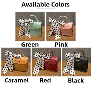 Detailed grid view of mini crossbody bags in five colors with dotted bow ribbon accents