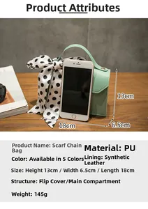 Green PU leather crossbody bag with polka dot scarf detail and gold chain strap specifics