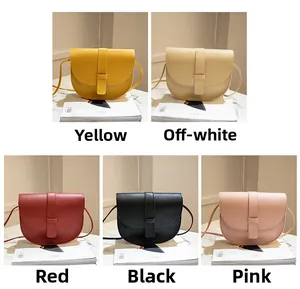 Collage showing a minimalist saddle bag in yellow, beige, red, black, and pink colors