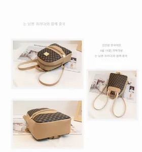 Detailed views of small PU leather backpack with vintage circular link prints and gold zippers