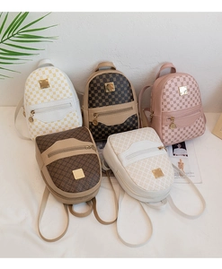 Detailed arrangement of five mini patterned backpacks with gold metal hardware and charms