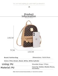 Detailed technical specs of mini PU leather backpack with circle print and dimensions