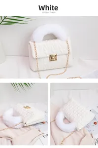 Detail of white quilted crossbody bag featuring a plush faux fur handle and gold twist lock
