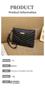 Detail view of black quilted PU leather clutch with gold zipper and wrist strap