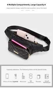 Detailed view of quilted black waist bag showing multi-pocket capacity for daily essentials