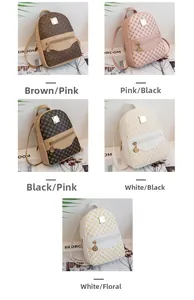 Detailed view of mini floral backpacks in five colors including brown and pink styles