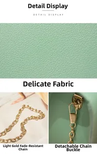 Detail of light green bag texture with light gold anti-fade chain and metal hook