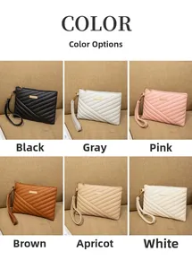 Detailed comparison showing six colors of quilted PU leather envelope bags with wristbands