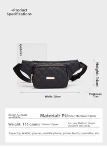 Detailed size parameters of black quilted waist bag with width 28cm and gold zippers