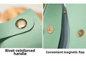 Detail of mint green bag showing gold rivet reinforcement and magnetic flap closure