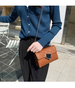 Outdoor-Aufnahme einer braunen gesteppten kleinen Tasche mit goldener Kette und Schloss