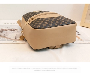 Detail of contrast color mini backpack with geometric pattern and metal zipper charm