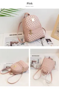 Detailed views of a pink mini backpack with polka dot patterns and golden metal logo