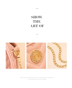 Detail of pink quilted PU leather bag with sparkling rhinestone gold buckle and chain