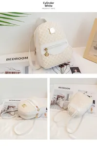 Detailed views of mini backpack with logo plaque and floral print in white beige