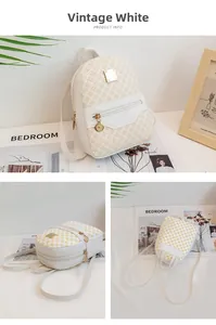 Detail shots of mini vintage white backpack showing base and gold strap hardware