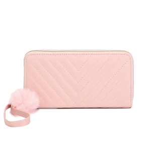 Pink quilted long wallet for women with chevron pattern, wrist strap, and pompom charm