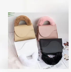 Collage showing plush faux fur handles and gold chains on small square handbags